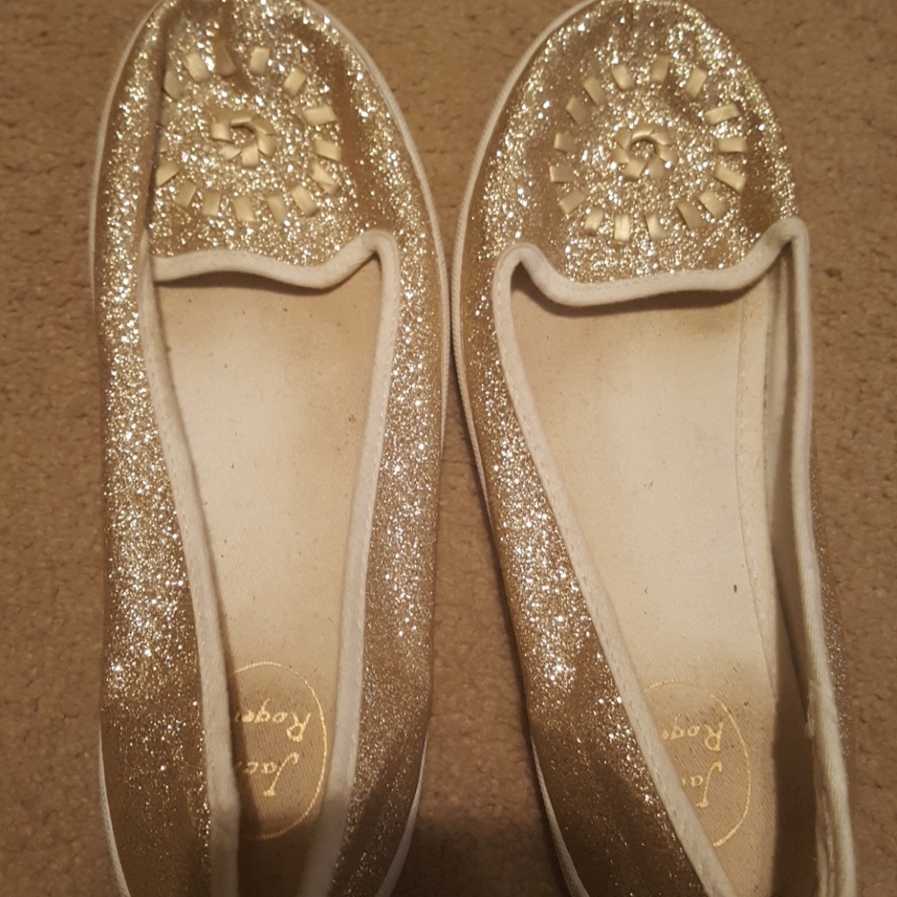 Jack Rogers gold glitter slip ons